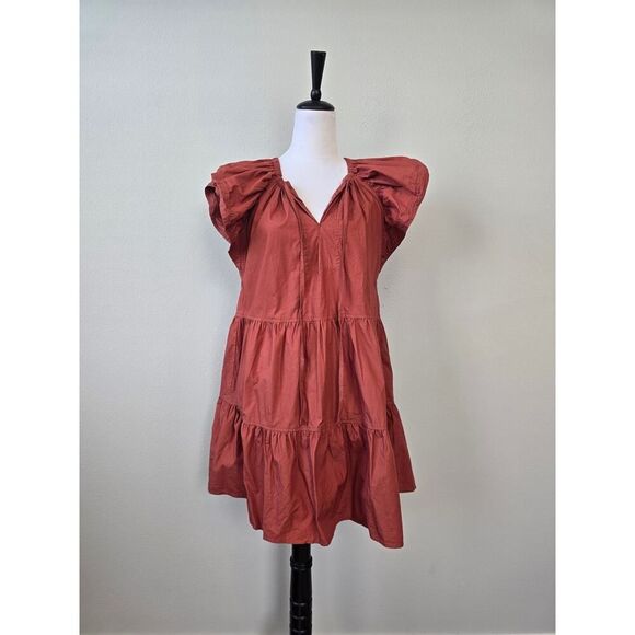 PINCH Rust Red Tiered Ruffle Sleeve Dress L Cotton Cottagecore Boho Lightweight - Picture 1 of 6